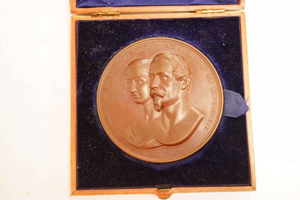 Victoria medals, Visit of Napoleon III to London, 1855, bronze medal by B. Wyon for the Corporation of the City of London, the obverse with conjoined busts of Napoleon III and Eugenie facing three-quarters left, the Rev.